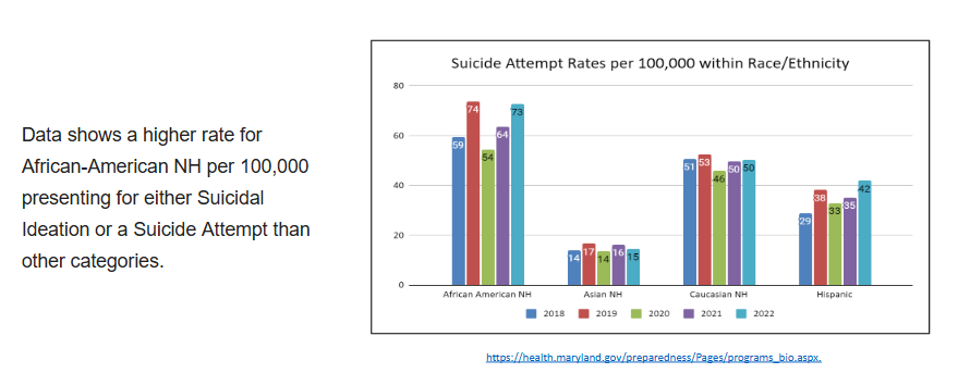 Data shows a higher rate for African-American NH per 100,000 presenting for either Suicidal Ideation or a Suicide Attempt than o