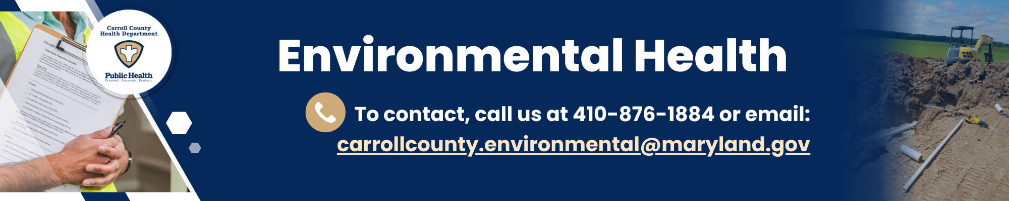 Environmental health program banner. Contact information and images of field work.