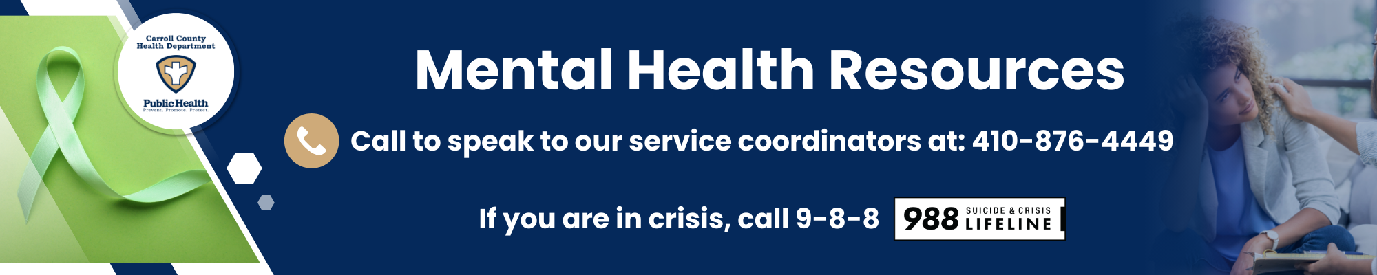 Mental health resource page banner. If you are in crisis, call 9-8-8.