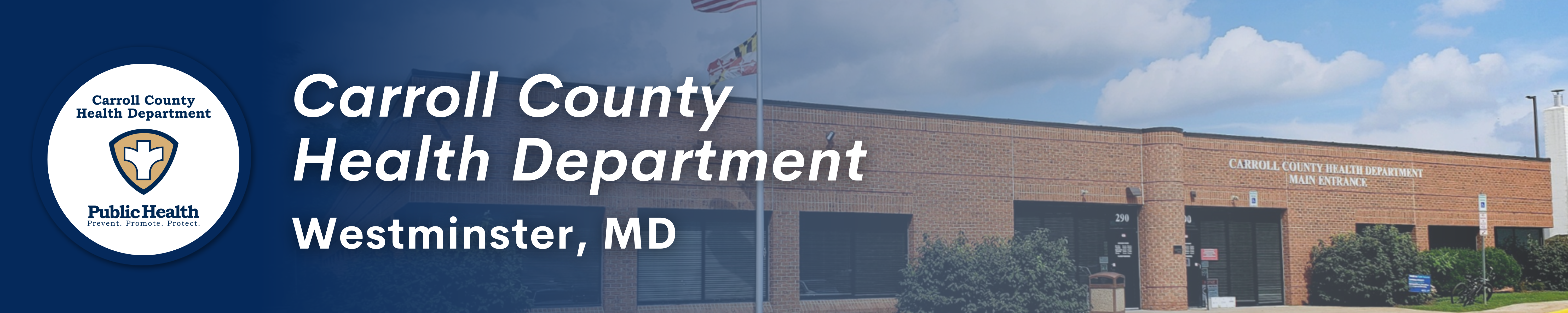 Banner image of Carroll County Health Department Building, with text that says "Carroll County Health Dept., Westminster, MD"