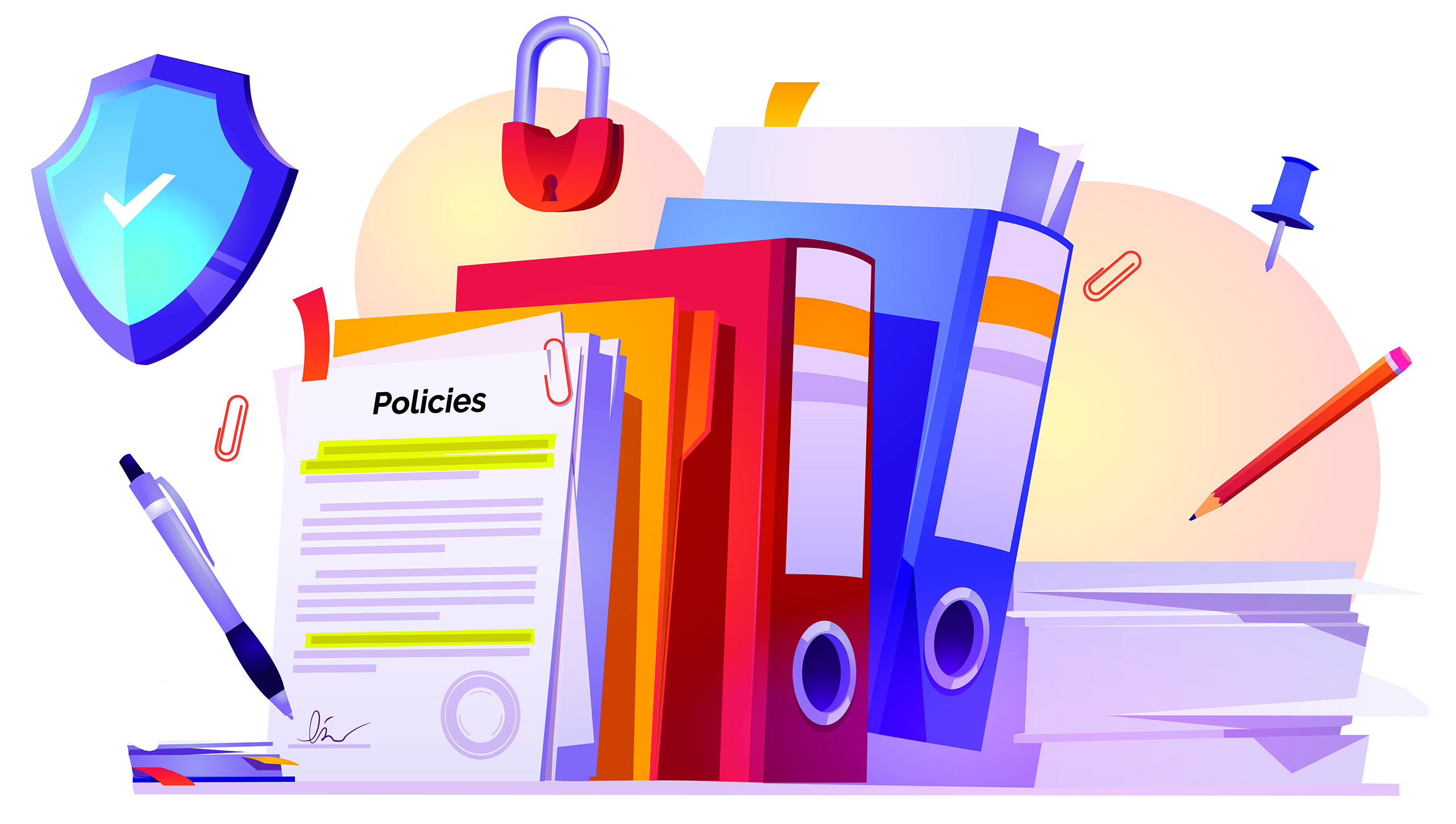 A clip-art image of a group of binders and sheets of paper that say "policy" on them