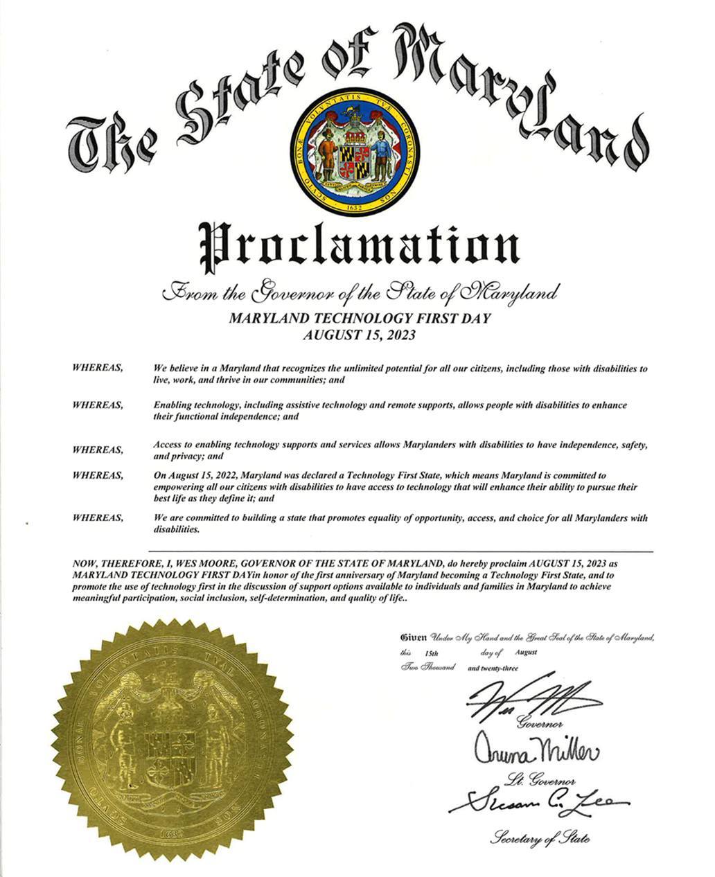 Thumbnail image of the Maryland Technology First Day Proclamation from 2023