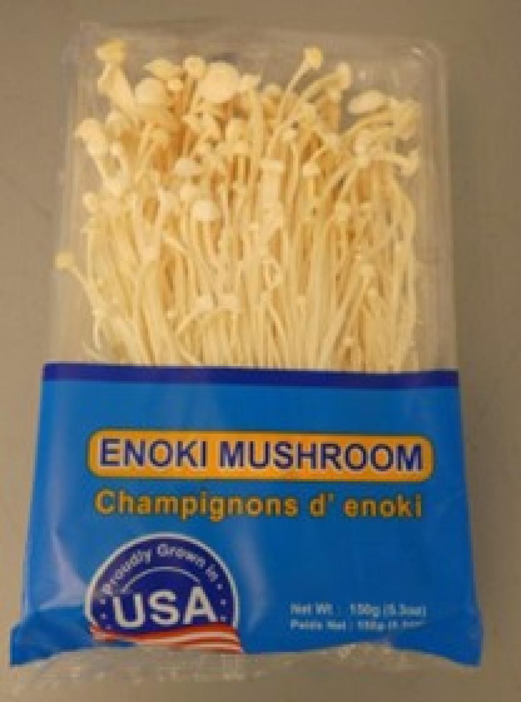 Front view of package of enoki mushroom.