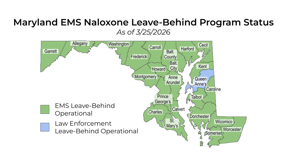 EMS naloxone leave-behind map of Maryland counties. All have implemented EMS NLB except Queen Anne's, which has a law enforcement leave-behind program, and Somerset, which has neither an EMS nor a law enforcement leave-behind program.