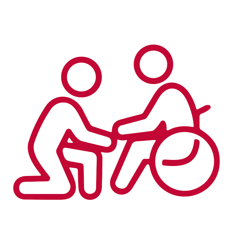 Person talking with another person in a wheelchair line icon to represent a caregiver