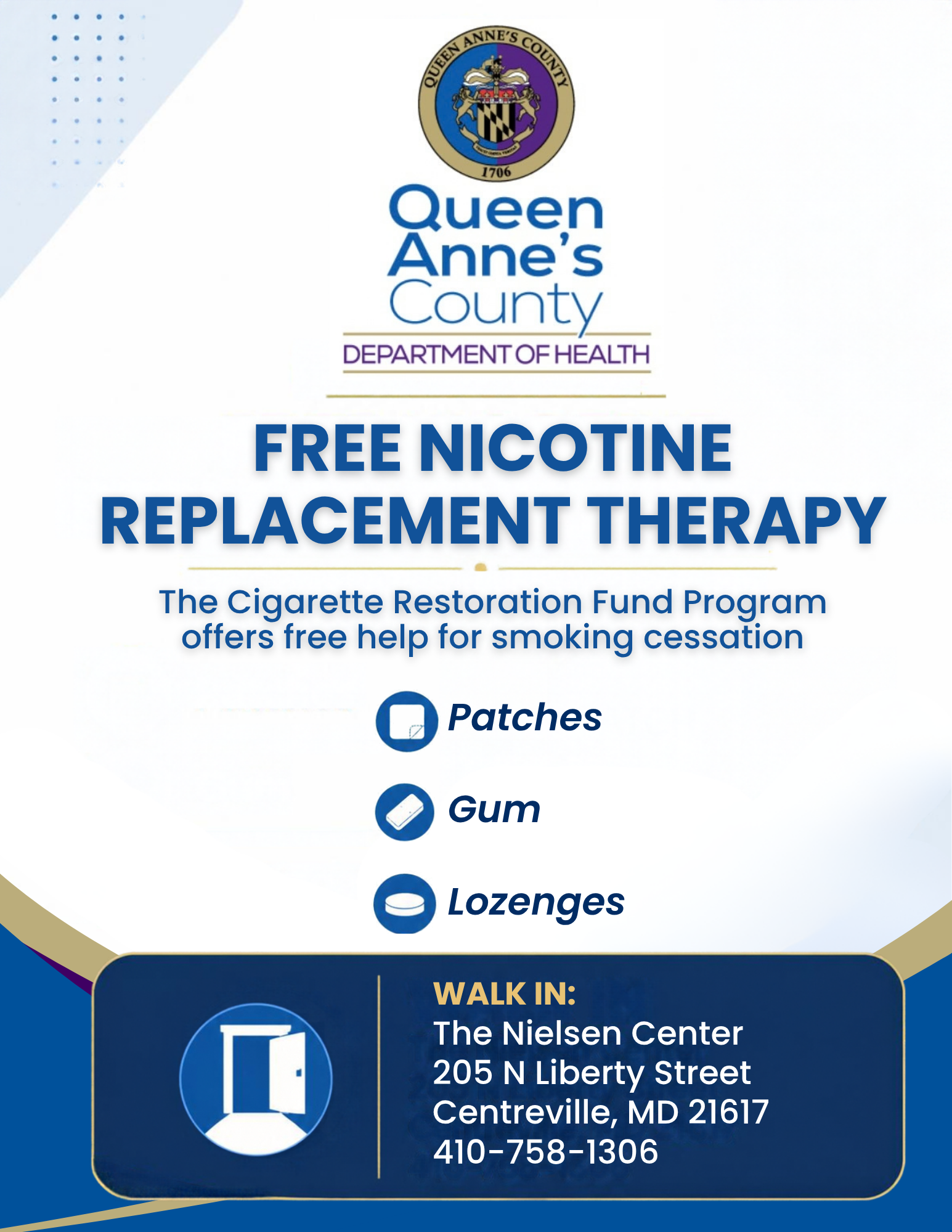 Flyer for free nicotine replacement therapy offering patches, gum, and lozenges in Centreville, MD.