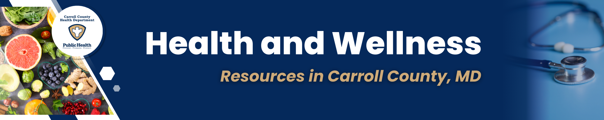 Health and Wellness Resources in Carroll County, MD banner, with images of frest produce and a stethescope.